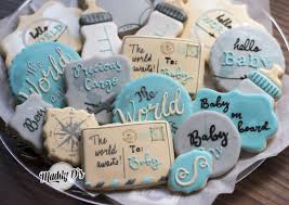 World Awaits Baby Shower Cookies Baby Boy Postcard Cookie Gray Grey Blue Ivory Baby Boy Baby Shower Themes Baby Boy Shower Favors Adventure Baby Shower