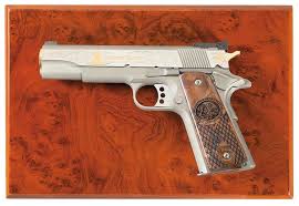 Label indicates 5 barrel, blue finish. Colt Gold Cup National Match La Patria 38 Super Semi Automatic Pistol With Box And Case