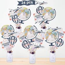36 pieces travel themed cupcake toppers set, airplane cupcake toppers map heart cake toppers for travel themed baby shower party decorations (blue and brown) 4.7 out of 5 stars. 24 Pieces Let The Adventure Begin Party Supplies Bon Voyage Travel Themed Party Centerpiece Stickers Table Toppers World Map Photo Booth Props Walmart Com Walmart Com