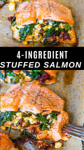 4 Ingredient Mediterranean Stuffed Salmon Seafood Recipes Healthy Healthy Salmon Recipes Paleo Salmon Recipe