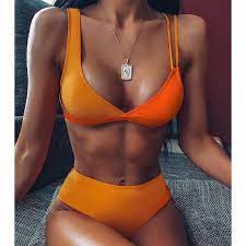 Yellow Orange Swimsuits Lace Up Two Piece Bikinis Color Block Bikini Color Block Bikini Set High Waisted Bikini