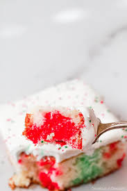 Pour the sweetened condensed milk (and optional hot fudge) over the cake, aiming to fill the holes as best as possible. Christmas Jello Poke Cake Recipe Christmas Rainbow Cake