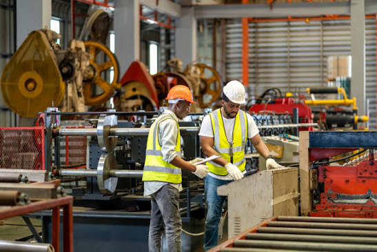 Pekerja manufaktur sedang melakukan aktivitas produksi di dalam pabrik