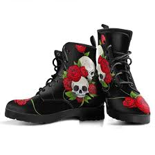 Skull Roses Red Black Boots Vegan Leather Lace Up Printed Boots For Women