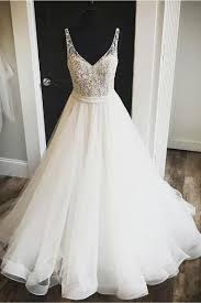 A Line Ivory Tulle V Neck Floor Length Wedding Dress With Beaded Bodice Jojobride Wedding Wedding Dress Styles Wedding Dresses Floor Length Wedding Dress