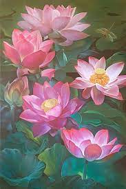 Lotuses And A Dragonfly Painting Lotus Flower Painting Lotus Painting Lotus Flower Pictures