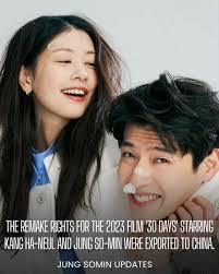 NAVER NEWS] Overseas remakes of Korean films are also continuing. The  remake rights for the 2023 film '30 Days' starring Kang Ha-neul and Jung  So-min were exported to China. The movie '30