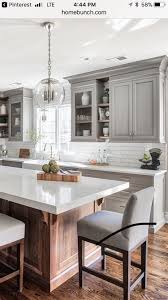 Gray Cabinets With Wood Island And White Countertop In Kitchen Graycabinets Greycabinet Home Decor Kitchen Kitchen Design Kitchen Style