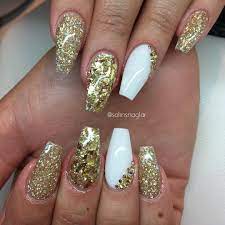 If needed, file sides of artificial nails for a better fit. Coffin White And Gold Nails Novocom Top