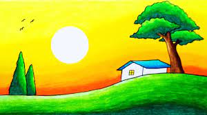 Paint a mountain sunset (for beginners): How To Draw Easy Scenery Of Sunset Trees And House Super Simple Sunset Scenery Drawing Youtube