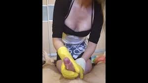 Cock cleaning handjob in yellow dishwashing gloves - Full experience