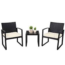 Suncrown Outdoor Furniture 3 Piece Patio Bistro Set Black Wicker Chairs With Beige White Cushions And Glass Top Coffee Table Black Wicker Outdoor Furniture Set Wicker Chairs Bistro Table Outdoor