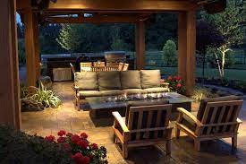 Stunning Gas Fire Pit Beneath A Covered Patio Of A Seattle Area Home From 1 Of 8 Projects By Alderwood Landscape Discovere Patio Country Patio Outdoor Living