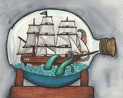 Kraken attacking ship during a storm, image dates back to 1700. Ship In A Bottle Being Attacked By A Kraken Art Print Watercolor Painting In 2021 Kraken Art Painting Bottle Drawing
