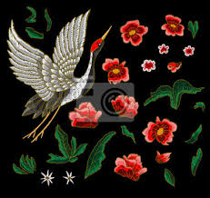 Je mag de bloemenstickers plakken waar je maar wilt. Japanische Weisse Kran Und Blumenaufkleber Auf Einem Weissen Hintergrund Leinwandbilder Bilder Bestickte Patch Stickerei Myloview De