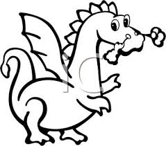 Vector black and white coloring page. Fire Breathing Dragon Drawn In A Cartoon Coloring Page Style Royalty Free Clipart Image