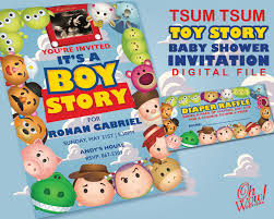 Tsum Tsum Toy Story Theme Baby Shower Invitation With Diaper Raffle By Ohwowdesign On Etsy Toy Story Baby Boy Baby Shower Themes Toy Story Invitations