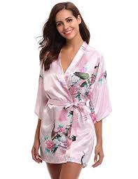 Aibrou Womens Bridesmaid Robes Short Peacock Blossoms Silk Stain Kimono Robe Dressing Gown Amazon Co Uk Clothing Bridesmaid Robes Gowns Dresses Fashion