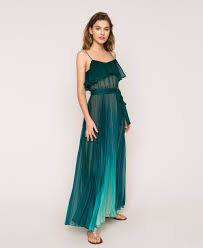 Balza decorativa che sottolinea otticamente il busto. Abito Lungo In Chiffon Plisse Donna Verde Twinset Milano