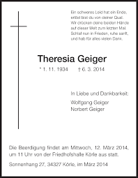 Traueranzeigen von Theresia Geiger