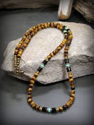 Black Bead Necklace Mens Mens Fashion Necklace Beaded In 4mm Tiger Eye Beads With Black Tube Beads And Turquoise Czech Mens Beaded Necklaces Mens Beaded Bracelets Mens Leather Jewelry