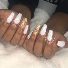 White And Gold Flakes Gold Nails Short Coffin Nails Nails