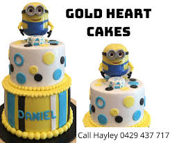 Layer the three round cakes by placing them on top of each other with a layer of frosting in to make a minion cake, frost and stack 4 cakes on top of one another. Children Fun Gold Heart Cakes