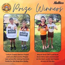 Congratulations to the Soap Box Derby Prize winners. Grade 3AT and Grade  5AH were the classes that completed the most laps.. Wayne and Ryan were  selected by their classmates as the best