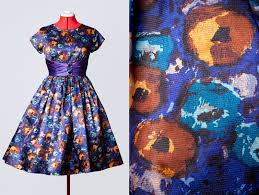 Vintage 50s Jewel Tone Floral Print Satin Cocktail Dress With Violet Sash And Extremely Full Skirt Size Small Satin Cocktail Dress Printed Satin 1950s Party Dresses