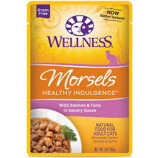 Wellness Healthy Indulgence Natural Grain Free Morsels With Salmon Tuna In Savory Sauce Wet Cat Food 3 Oz Case Of 12 Petco Wellness Cat Food Natural Cat Food Natural Pet Food