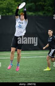 Washington, USA. 13th May, 2023. Shadow player Marge Walker throws the disc  to a teammate, during a DC Shadow vs. Philadelphia Surge game of ultimate  in the Premier Ultimate League (PUL), in