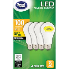 Great Value Led Light Bulb 14w 100w Equivalent A19 General Purpose Lamp E26 Medium Base Non Dimmable Soft White 4 Pack Walmart Com Walmart Com