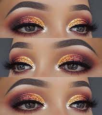 Orange Glitter And Burgundy Eyes Eyemakeup Burgundy Makeup Summer Makeup Looks Summer Makeup