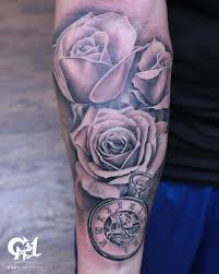 Black And Grey Flower Half Sleeve Tattoos Black And Gray Realistic Rose Stopwatch Tattoo Half Sleeve Tattoosbycapone Rose Tattoo Sleeve Sleeve Tattoos Half Sleeve Tattoo