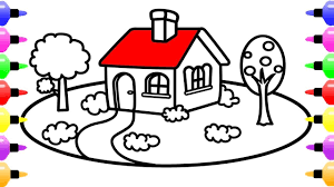 House Drawing And Coloring Pages For Kids How To Draw House With Garden House Drawing For Kids Coloring Pages For Kids Drawing For Kids