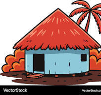 tropical hut with red thatched roof and palm tree