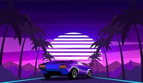 Premium Vector Purple Sports Car On The Background Of A Retro Wave Landscape With Palm Trees Along The Road Vector Illustration In The Style Of The 80s