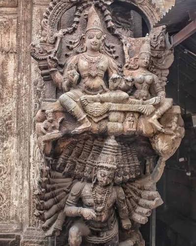 sculpture is on the front mandapa next to the #MeenakshiAmman Temple in Madurai.With ten faces and twenty arms, #Ravana lifting #MountKailash with #ShivaParvati with his incomprehensible strength. #ancienthindu #ancienthindutemples #ancienthinduism ...