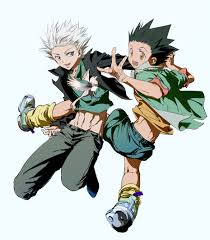 k.g (matsumoto zo), gon freecss, killua zoldyck, hunter x hunter,  absurdres, commentary request, highres, 2boys, bare legs, bird, green hair,  holding hands, jumping, looking at viewer, multiple boys, navel, pants,  shoes, short