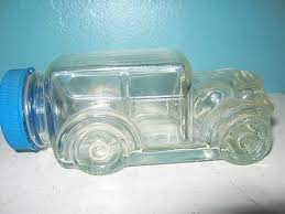 Clear Glass Car Shaped Jar With Blue Plastic Lid Bubble Gum Jar Vintage Candy Jar Vintage Candy Jar Clear Glass