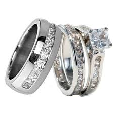 His Hers 3 Pcs Mens Womens Titanium Cubic Zirconia Wedding Ring Set Wedding Ring Sets Wedding Rings Sets His And Hers Emerald Engagement Ring Set