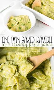 One Pan Baked Ravioli In A Creamy Pesto Sauce Is An Easy Weeknight Pasta Dish Ravioli Bake Creamy Pesto Sauce Pesto Sauce Recipe