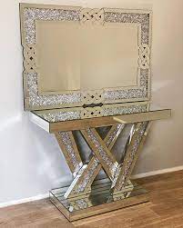 Made in the latest modern designs. Hot Sale High Class Sparkling Luxury Crushed Diamond Mirrored Console Table With Mirror Buy Mirrored Crushed Diamond Range Mirrored Furniture Console Table Hot Sale Silver Modern Luxury Diamond Mirrored Hallway Console Table