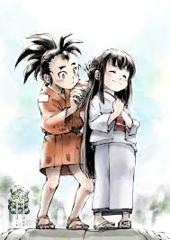 kinta (tensui no sakuna-hime), yui (tensui no sakuna-hime), tensui no  sakuna-hime, commentary request, highres, 1boy, 1girl, black hair, blush,  brown eyes, brushing anothers hair, brushing hair, closed eyes, comb,  crying, japanese clothes, kaeru