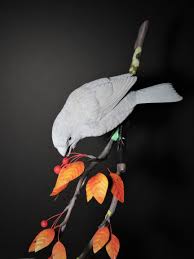 Grey Bird With Orange Wings Wip Taste Of Autumn Male Pine Grosbeak On Autumn Crabapple Original Wood Carving By Michael Willard Marquette Mi Original Wood Carvings Carving Birds
