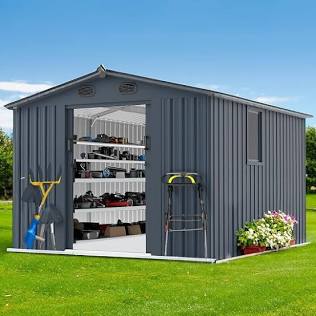 Galvanised metal garden storage shed, AI generated