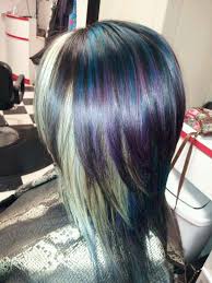 Blue Purple And Blonde Highlight In A Dark Brown Base Fall Hair Color Cool Hairstyles Blonde Highlights