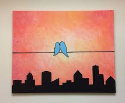 Love Birds On A Wire Painting City Love 24x30 Acrylic Silhouette Painting Love Etsy Silhouette Painting Painting Painting Inspiration