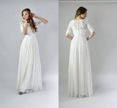 2016 Bohemian Wedding Dresses Cheap Sheer Neck Half Sleeve Lace Top A Line Floor Length Chiff Cheap Bohemian Wedding Dress Wedding Dresses A Line Wedding Dress