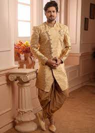 Golden Art Silk Jacquard Indo Western Sherwani Latest 328mw06 No wedding is complete without a designer sherwani for the groom. golden art silk jacquard indo western sherwani